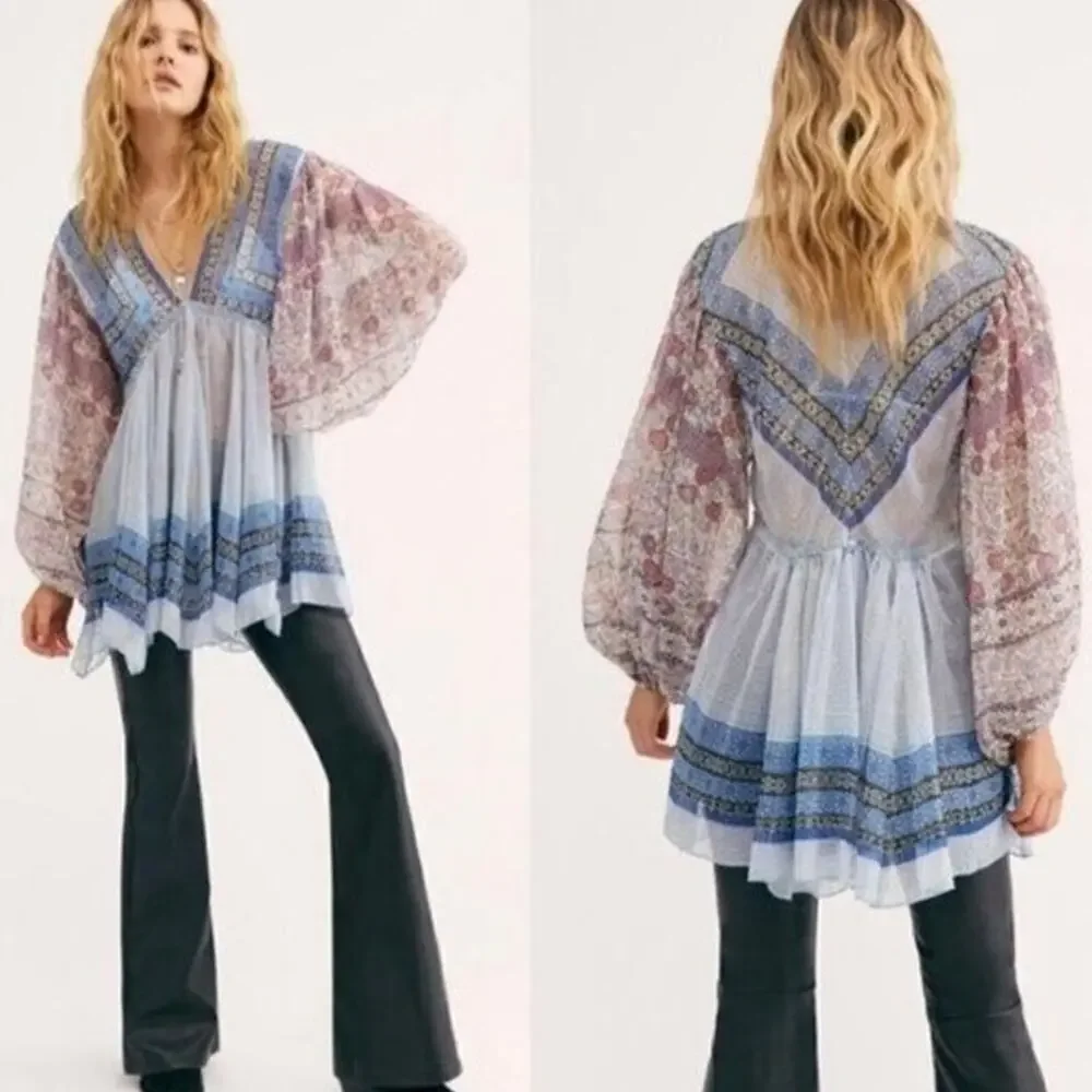 Free People Bohemian Aliyah Printed Long Sleeve Sheer Tunic Top (S)